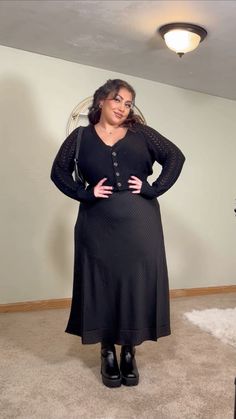 Cute outfit with maxi dress + platform boots + caridgan . Whole outfit is link below!!! Cute Modest Outfits Plus Size, Dress With Boots Plus Size, Plus Size Boots Outfit, Plus Size Black Dress Outfit, Platform Boots Outfit Aesthetic, Fall Outfit Inspired, Maxi Dress Cardigan, Winter Maxi Dress Outfit, Platform Boots Winter