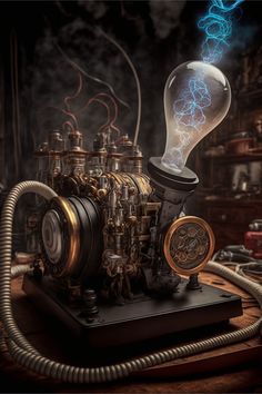 an old fashioned steam engine with blue light coming out of it's head and wires