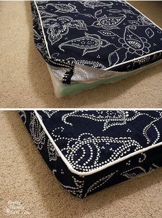 two pictures of the bottom and side of a bed with blue paisley print on it