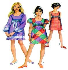 three women's dresses and sandals are shown in this pattern, with one woman standing next