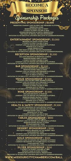 a black and gold flyer with the words, become a sponsor sponsored by sponsors for this event