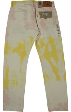 Brand New Levi's 501 '93 straight fit jeans in mens sizes.  These light wash tie-dye jeans are made with midweight washed white denim with yellow and pink marbled dye, and have the classic 5 pocket button fly jeans layout.  They have the classic brown waist tag, red pocket tab, copper rivets, and nickel buttons.  If you're tired of  Levi's playing with the classic 501 cuts too much, this model restores that original fit you've come to love, don't miss out.     NOTE- some of these have a "Levi's" Aesthetic Pants, Flat Drawings, Dye Jeans, Tie Dye Jeans, Red Pocket, Classic Brown, 501 Jeans, Yellow And Pink, Levi's 501