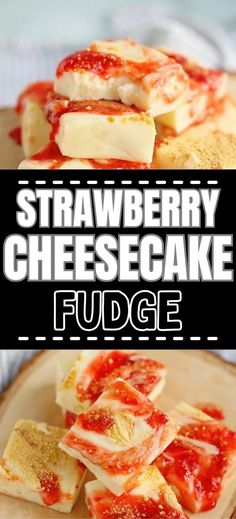 Collage of closeup shot of stack of strawberry cheesecake fudge at top and overhead shot of stack of swirled strawberry cheesecake fudge at bottom. Strawberry Cheesecake Fudge Recipe, Strawberry Cheesecake Fudge, Cheesecake Fudge Recipe, Best Strawberry Cheesecake, Chocolate Condensed Milk, Cheesecake Fudge, Christmas Candy Recipes, Strawberry Sauce, Milk Cream