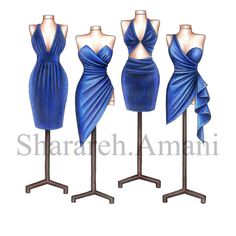 three mannequins with blue dresses on them