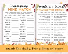 thanksgiving printables for the home or in store, including an autumn themed word search