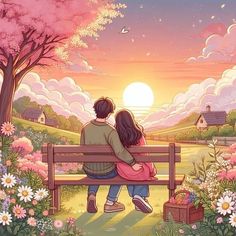 a man and woman sitting on a bench looking at the sunset over a field with flowers