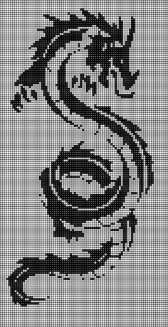 a black and white cross stitch pattern with a dragon on it's back side