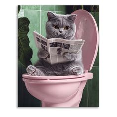 a cat sitting on top of a pink toilet reading a newspaper