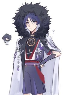 an anime character with long black hair and blue eyes, wearing a purple outfit while standing in