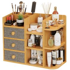 a wooden shelf filled with lots of beauty products