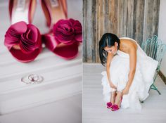 a woman kneeling down in front of two pairs of shoes and a pair of wedding rings