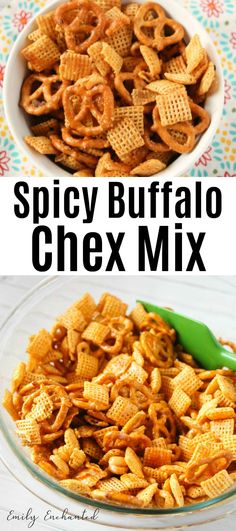 spicy buffalo chex mix in a white bowl