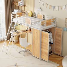 a child's bedroom with a loft bed, desk and ladder to the top