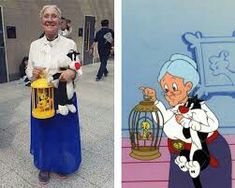 an older woman holding a stuffed animal next to a cartoon character with a birdcage