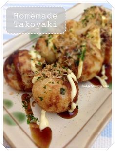 some food is sitting on a plate and ready to be eaten with the words homemade takoyaki written above it