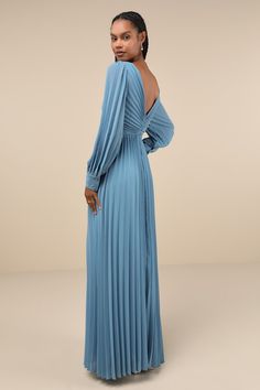 For an elegant look that always fits the dress code, we love the Lulus Sophisticated Grace Slate Blue Pleated Long Sleeve Maxi Dress! Lightweight woven chiffon, with an accordion-style pleated texture throughout, shapes long sleeves with button cuffs and a plunging V-neckline. Bodice has a flattering ruched detail at the center, and a plunging V-back. Skirt has a flaring silhouette and finishes at a sweeping maxi hem. Hidden zipper/clasp at back. Fit: This garment fits true to size. Length: Floo Long Sleeve Blue Dress, Long Mermaid Dress, Print Chiffon Maxi Dress, Summer Bridesmaid Dresses, Vegas Dresses, Derby Dress, Rush Dresses, Long White Dress, Adhesive Bra