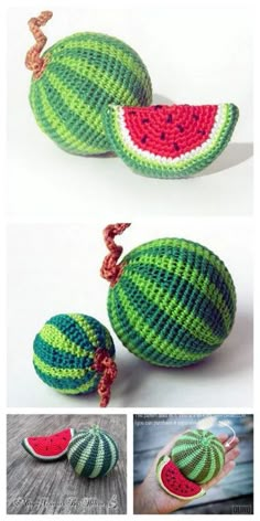 crocheted watermelon ornament is shown in three different pictures, one with