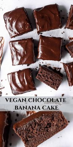 vegan chocolate banana cake cut into squares on a white plate with text overlay