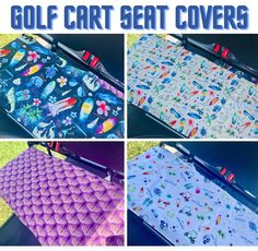 four photos of golf cart seat covers with different patterns and designs on them, including the top