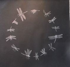 chalk drawing of dragonflies in a circle on a blackboard