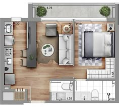 an overhead view of a bedroom and living room in a floor plan for a small apartment