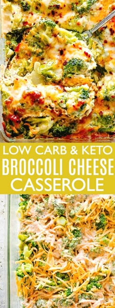 broccoli cheese casserole in a glass baking dish with text overlay