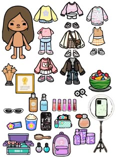 the doll is surrounded by many different items