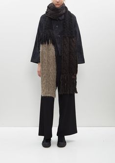 Y's black patchwork scarf with five different knitted panels in soft wool and mohair blend. Features fringed edges on black and brown panels.
Sizing: One size. Measures approximately: 112 L x 8.5 W in.
Color: Black. 83% Wool, 12% Mohair, 5% Polyamide. Made in Japan.
FW24YY029 Patchwork Scarf, Porter Yoshida, Sophie Bille Brahe, Margaret Howell, Wrap Cardigan, Yohji Yamamoto, Soft Wool, Issey Miyake, Made In Japan