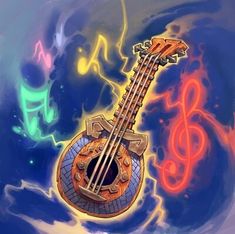 a drawing of a musical instrument with music notes in the background and water swirling around it