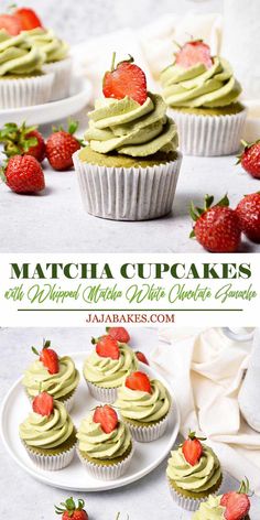 some cupcakes with green frosting and strawberries on top are sitting on a plate