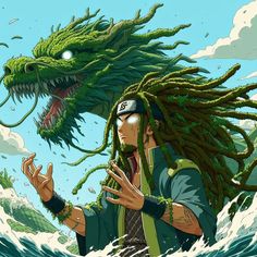 a man with dreadlocks standing next to a green dragon in the middle of water