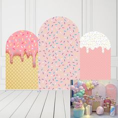 an ice cream shop with pink and blue decor