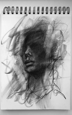 a black and white drawing of a woman's face with her hair blowing in the wind