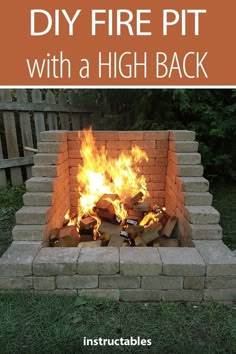 a fire pit made out of bricks with the words diy fire pit with a high back