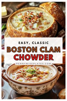 collage of two images of bowls of clam chowder, different serving suggestions Best Crockpot Clam Chowder, Boston Clam Chowder, Oyster Chowder Recipes, Hatteras Clam Chowder, Clam Chowder Recipe Crock Pot, Clam Chowder With Canned Clams, Crockpot Clam Chowder, Rhode Island Clam Chowder, Best Clam Chowder Recipe