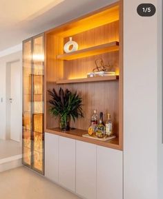 a wooden shelf with bottles and plants on it next to a glass wall in the living room