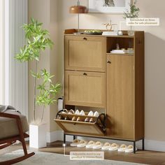 a wooden cabinet with shoes on it and a plant in the corner next to it