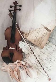 a violin and some sheet music on a bed