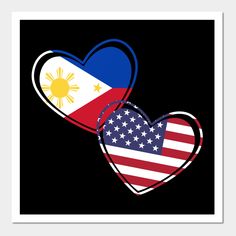 two hearts with the colors of the american and philippines flag on black background, one heart shaped