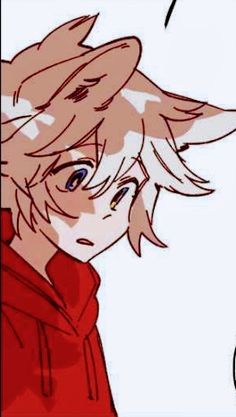 a drawing of a boy with blonde hair and blue eyes wearing a red hoodie