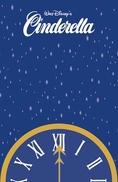 an animated clock with the words cinderella on it's face and snowflakes in the background