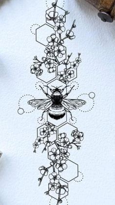 an ink drawing of a bee and flowers