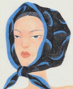 a drawing of a woman with a blue scarf around her head