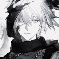 an anime character with white hair wearing a black jacket and scarf, looking at the camera