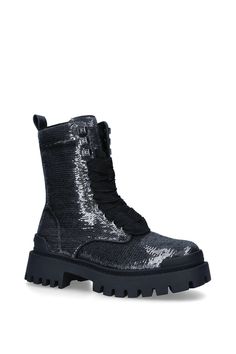 The Scintillate Combat boot features a sequin covered upper in gunmetal with wide laces. The antiqued silver hook eyelets feature the Signature C. Carvela Boots, Lace Up Combat Boots, Combat Boot, Trainer Boots, Biker Boots, Fashion Face, Jeans For Sale, Leggings Shop, Casual Boots