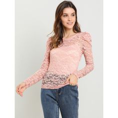 Add some romance to your look with this sheer lace top. The slightly stretchy fabric creates a breezy, textural base for this lace top, which is accented with long sleeves for a feminine dimension. A cami top should be worn, which is not included in this garment. This sheer top has a feminine design of floral lace and long puff sleeves. A semi-sheer top features an allover floral lace design, a round neck, and long sleeves. Great for simple but trendy pants or skirts. Stretch Lace Mesh Top, Feminine Crochet Lace Top, Fitted Pink Top With Delicate Lace, Fitted Pink Delicate Lace Top, Feminine Delicate Lace Tops, Pink Long Sleeve Tops With Lace Patchwork, Pink Long Sleeve Top With Lace Patchwork, Long Sleeve Crochet Lace Top With Lace Sleeves, Long Sleeve Crochet Top With Lace Sleeves