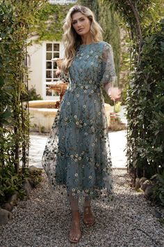 Arabella Embroidered Tulle Maxi Dress | Dusty Blue Floral | Baltic Born Dusty Blue Dress, Boho Mother, Tulle Maxi Dress, Tulle Material, Tulle Sleeves, Baltic Born, Fall Wedding Guest Dress, Guest Attire, Mob Dresses