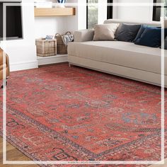 a living room with a couch and rug on the floor