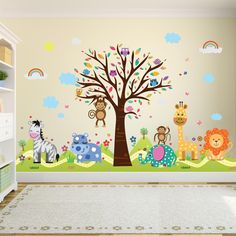 the children's room is decorated with colorful wall decals