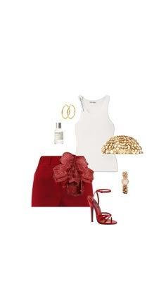 Step out in style with this chic ensemble: a vibrant red skirt that exudes confidence, paired perfectly with a cute white tank top for a fresh, clean look. Elevate your outfit with the cutest gold clutch bag, adding a touch of glamour. Slip into the perfect red heels that effortlessly elongate your silhouette. Complete your look with gold hoop earrings and matching accessories, ensuring every detail shines. Stargirl Style, Wags Outfits, Red Skirt Outfits, It Girl Fits, Bad Bunny Concert, Newyear Party, Eid Look, Vera Lynn, Aesthetic Wear